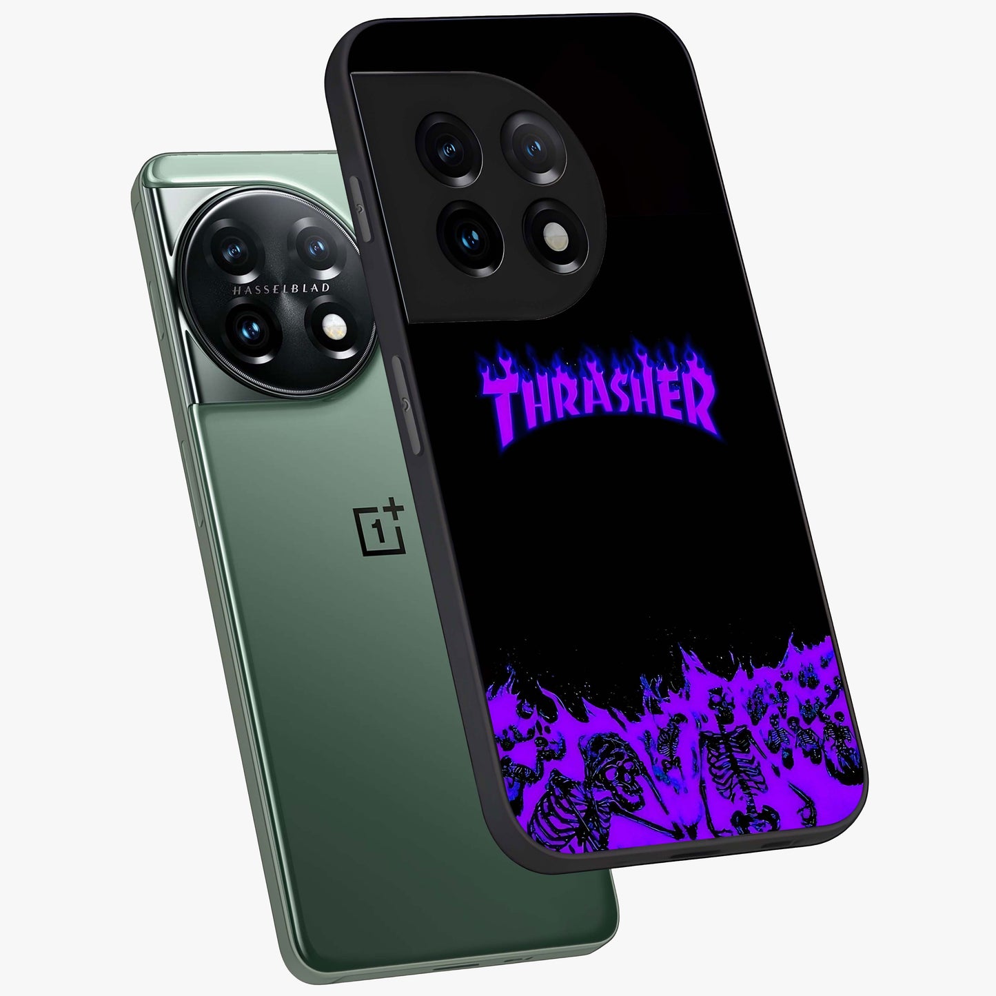 Neon Flame Riot Glass Case for 1+11 angled mockup showcasing glossy finish and high contrast colors