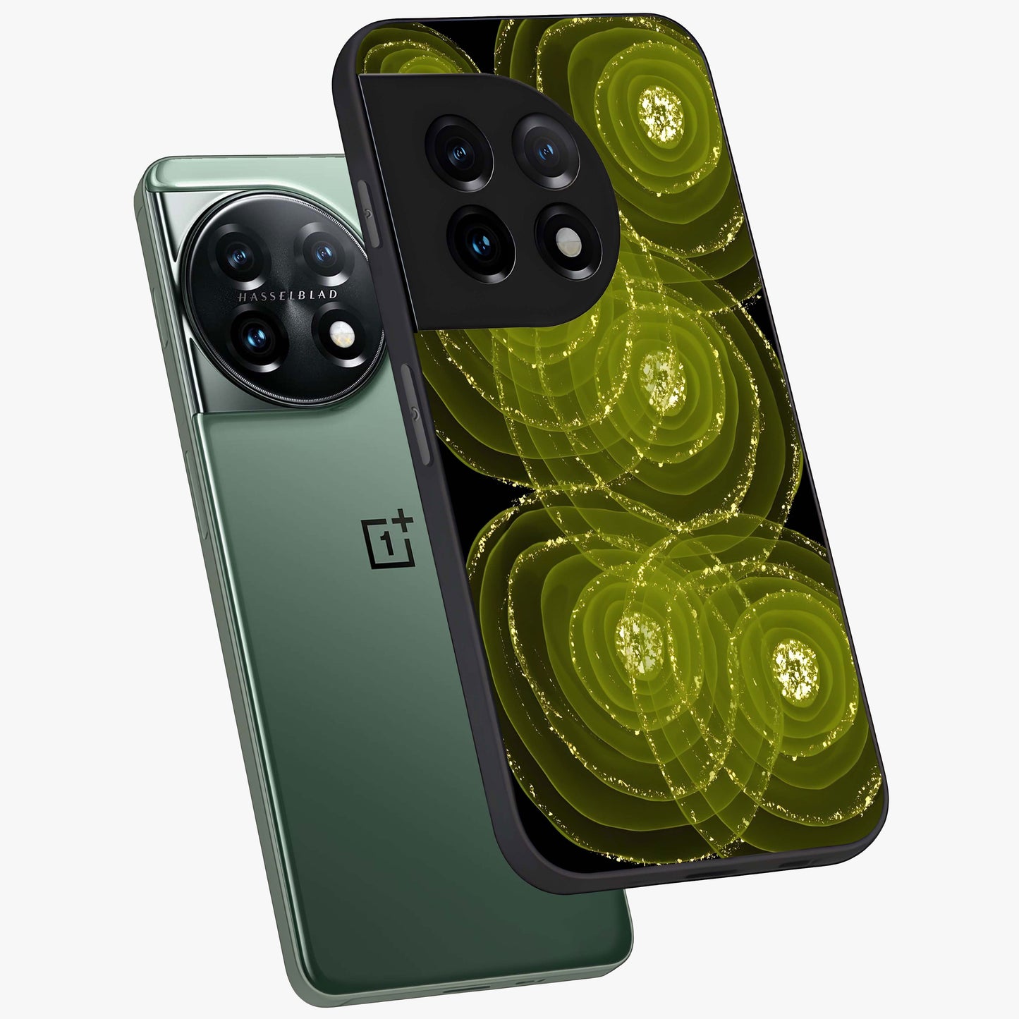Neon Orbit Bloom Marble Glass Case for 1+11 angled mockup showcasing glossy finish and vibrant bloom detailing