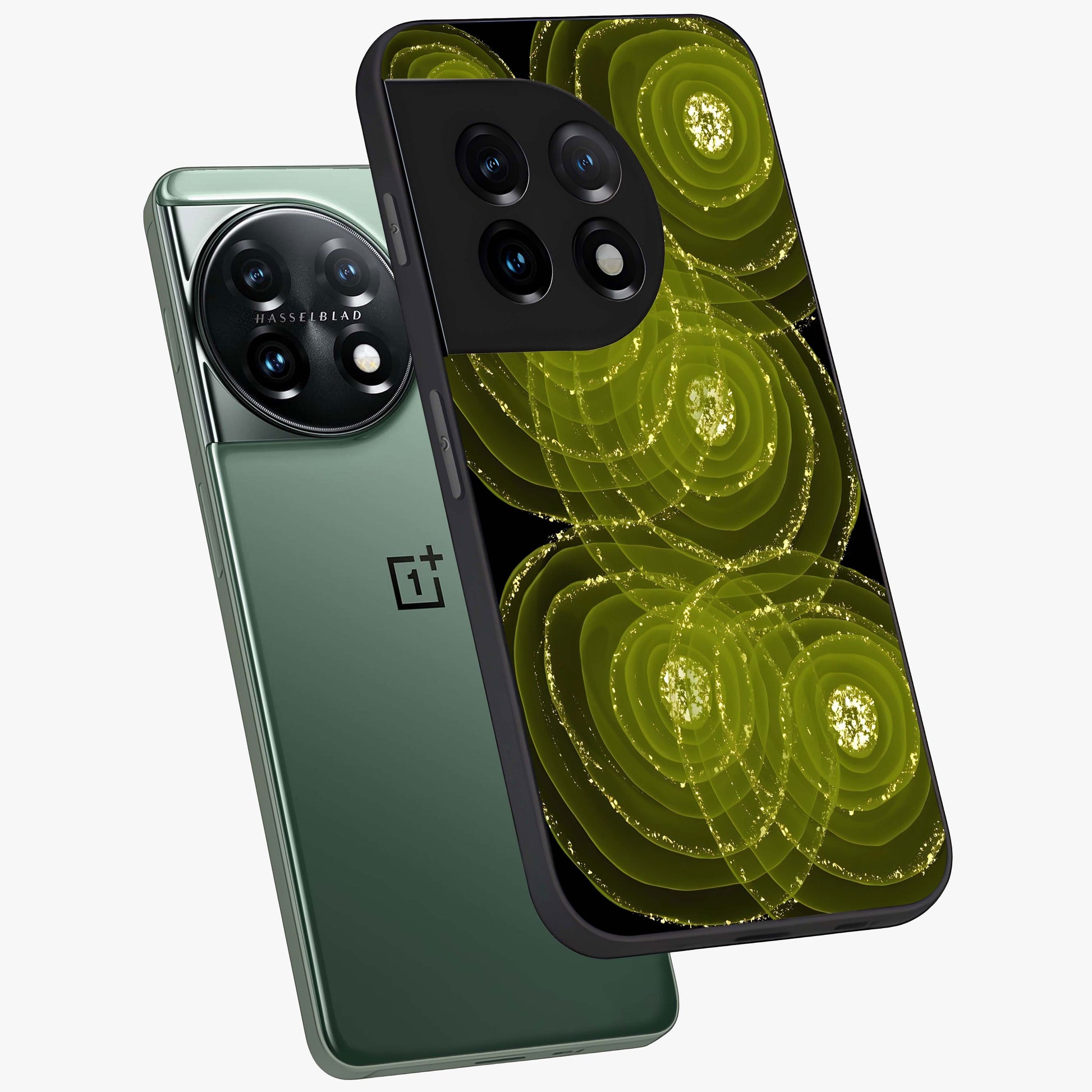 Neon Orbit Bloom Marble Glass Case for 1+11 angled mockup showcasing glossy finish and vibrant bloom detailing