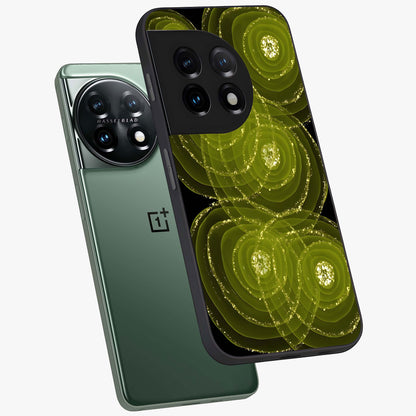 Neon Orbit Bloom Marble Glass Case for 1+11 angled mockup showcasing glossy finish and vibrant bloom detailing