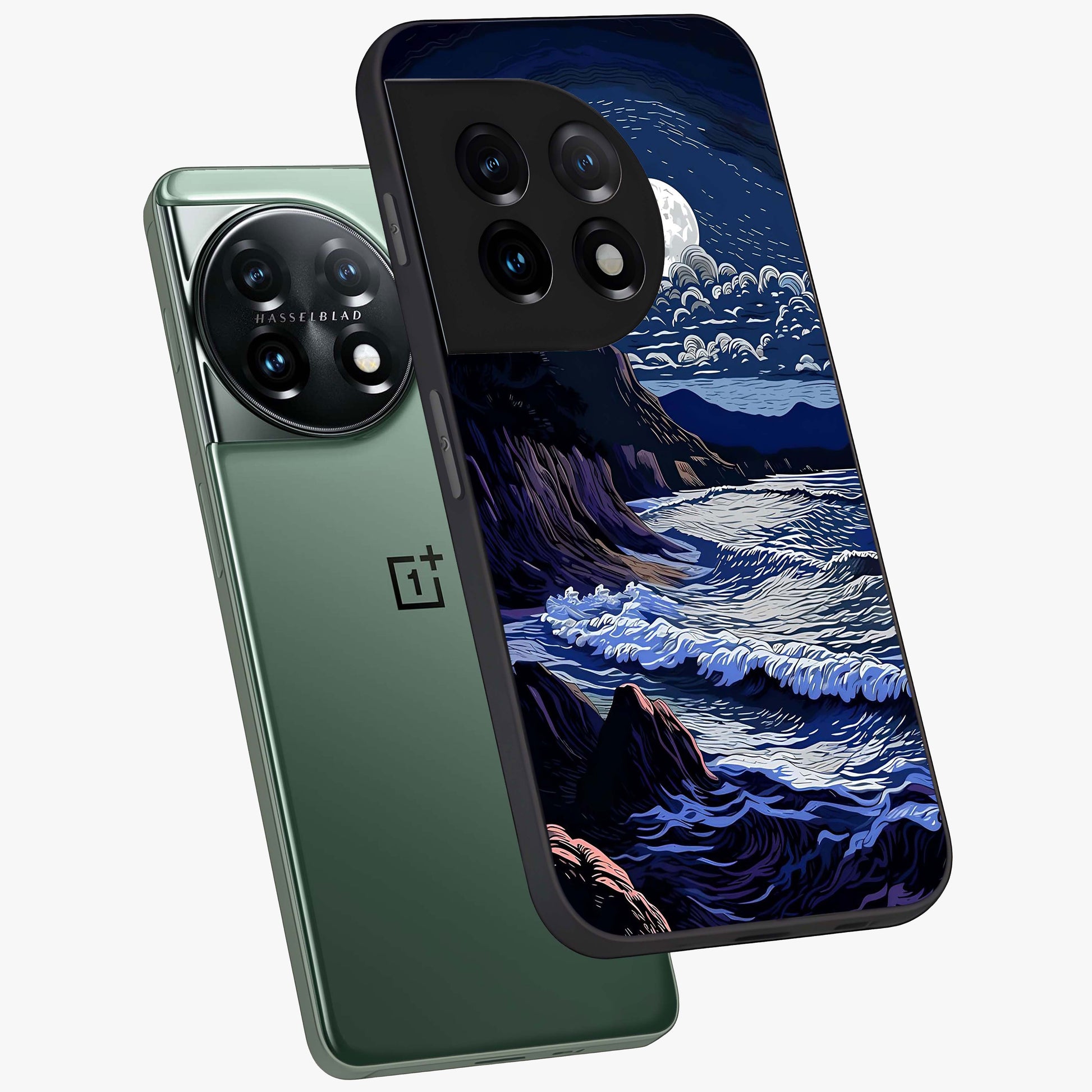 Night Moon Scenery Pattern Glass Case for 1+11 angled mockup showcasing glossy finish and deep night tones