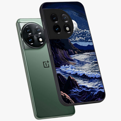 Night Moon Scenery Pattern Glass Case for 1+11 angled mockup showcasing glossy finish and deep night tones