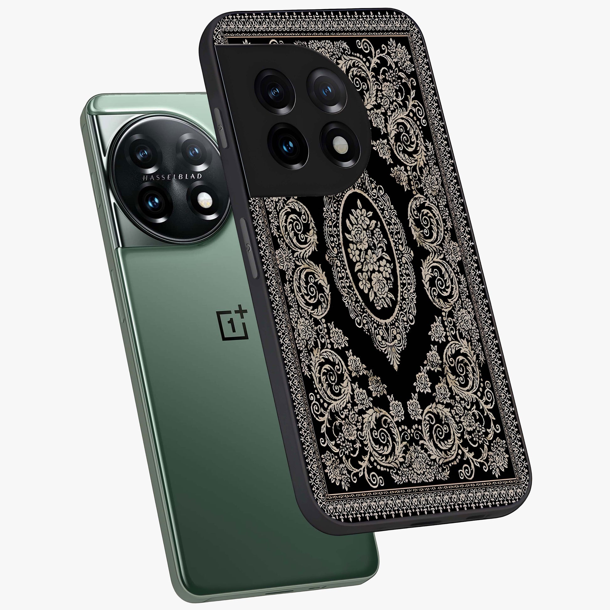 Noir Bloom Elegance Glass Case for 1+11 angled mockup showcasing glossy finish and refined bloom detailing