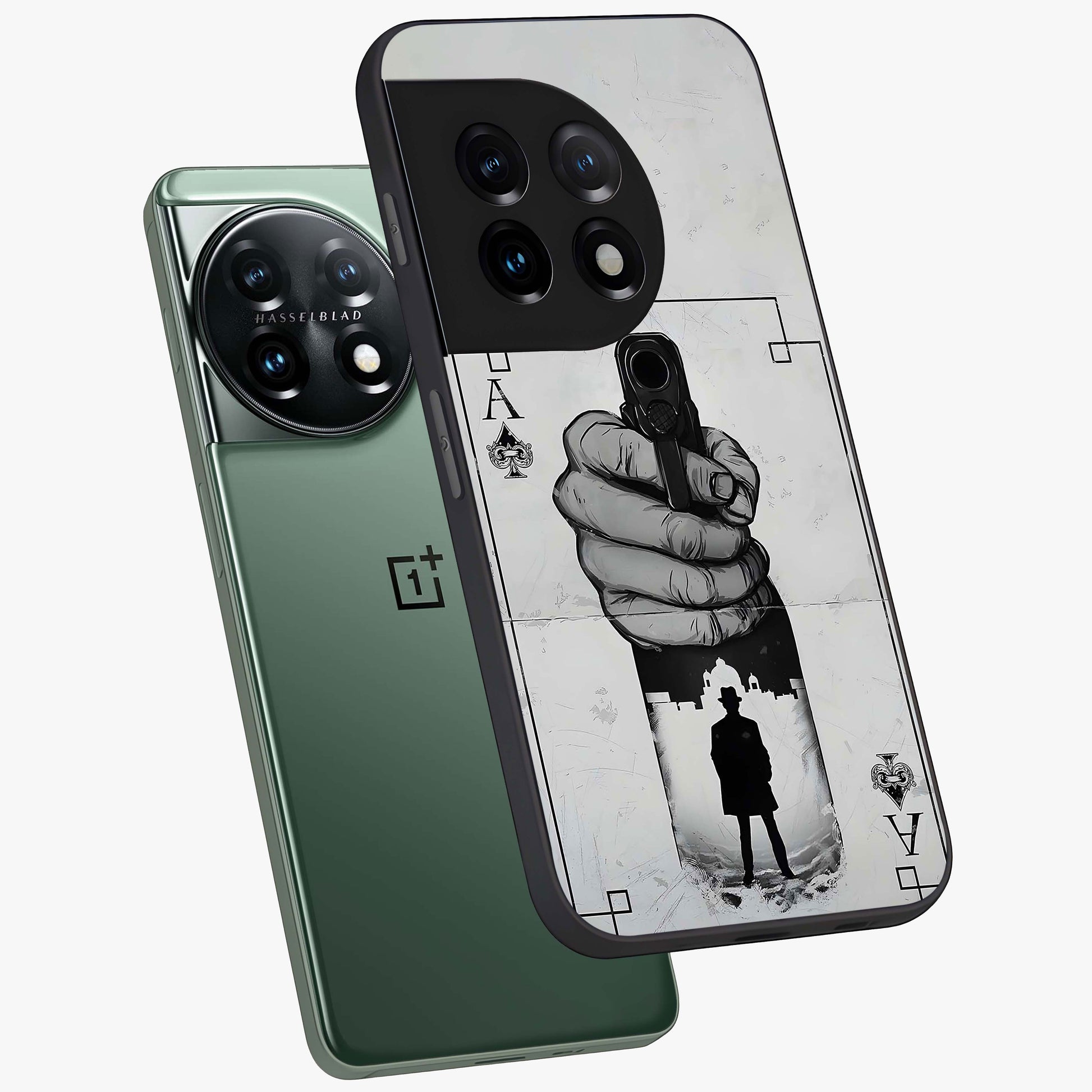 Noir Trigger Fate Glass Case for 1+11 angled mockup showcasing glossy finish and intense shadow detailing