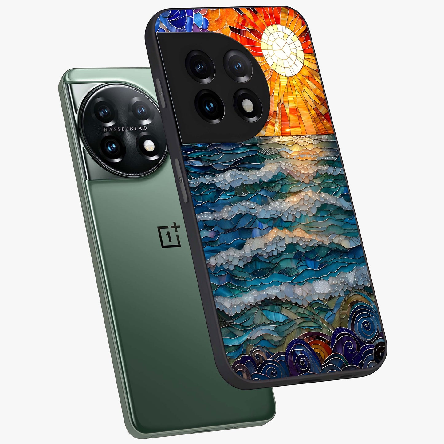 Oceanic Stained Printed Glass Case for 1+11 angled mockup showcasing glossy finish and rich aquatic tones