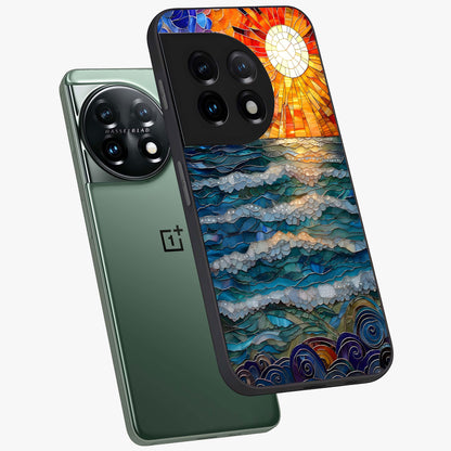 Oceanic Stained Printed Glass Case for 1+11 angled mockup showcasing glossy finish and rich aquatic tones