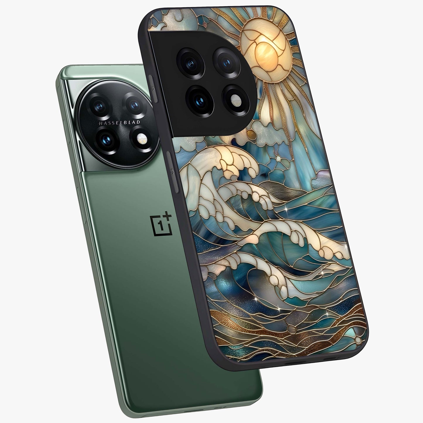 Ocean Mosaic Art Glass Case for 1+11 angled mockup showcasing glossy finish and vibrant blue detailing
