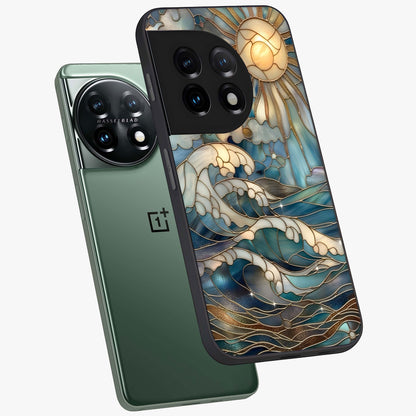 Ocean Mosaic Art Glass Case for 1+11 angled mockup showcasing glossy finish and vibrant blue detailing