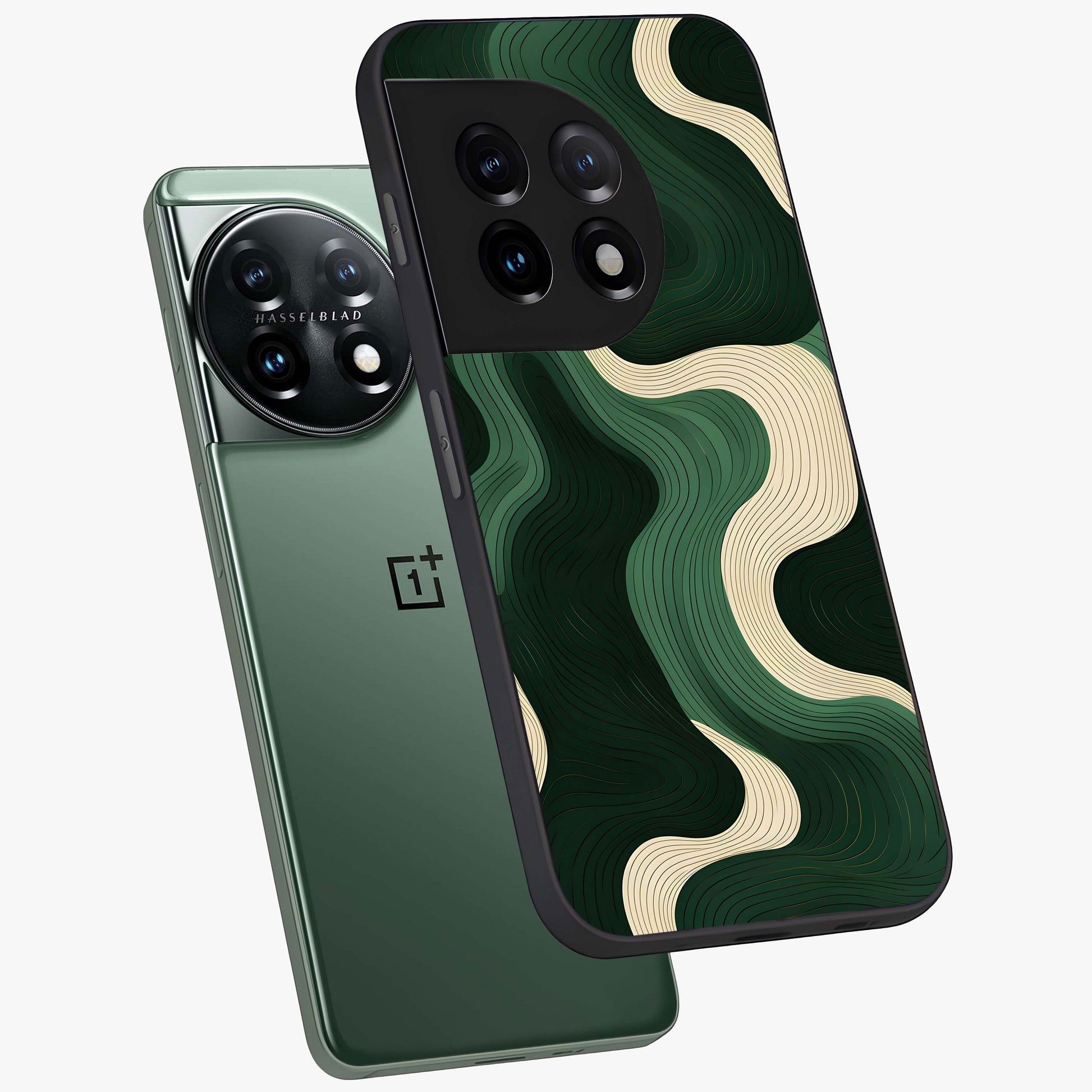 Organic Swirl Design Glass Case for 1+11 angled mockup showcasing glossy finish and smooth gradient tones