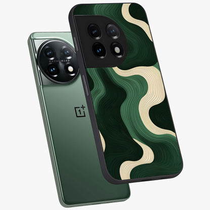 Organic Swirl Design Glass Case for 1+11 angled mockup showcasing glossy finish and smooth gradient tones