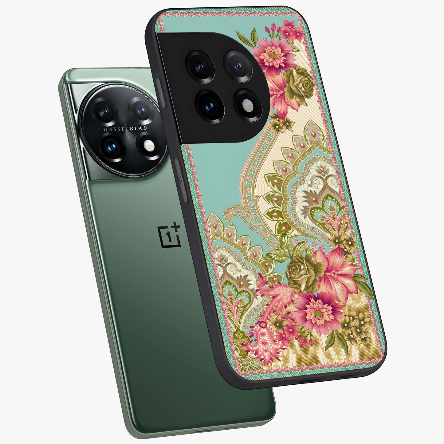 Ornate Mughal Floral Pattern Glass Case for 1+11 angled mockup showcasing glossy finish and rich heritage detailing