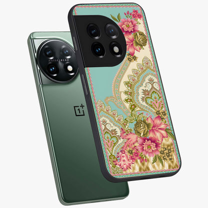 Ornate Mughal Floral Pattern Glass Case for 1+11 angled mockup showcasing glossy finish and rich heritage detailing