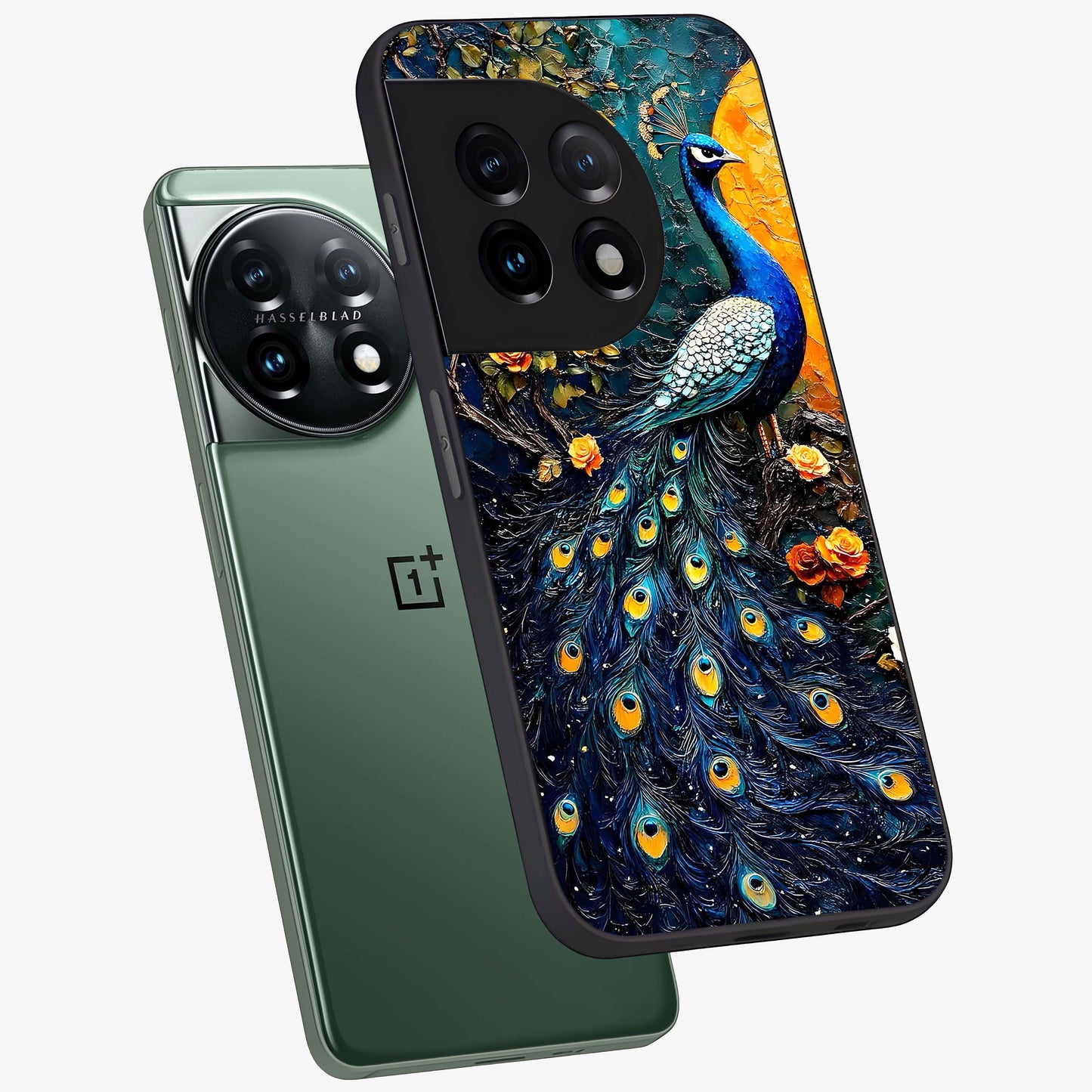 Peacock With Yellow Moon Glass Case for 1+11 angled mockup showcasing glossy finish and deep night tones