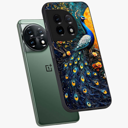 Peacock With Yellow Moon Glass Case for 1+11 angled mockup showcasing glossy finish and deep night tones