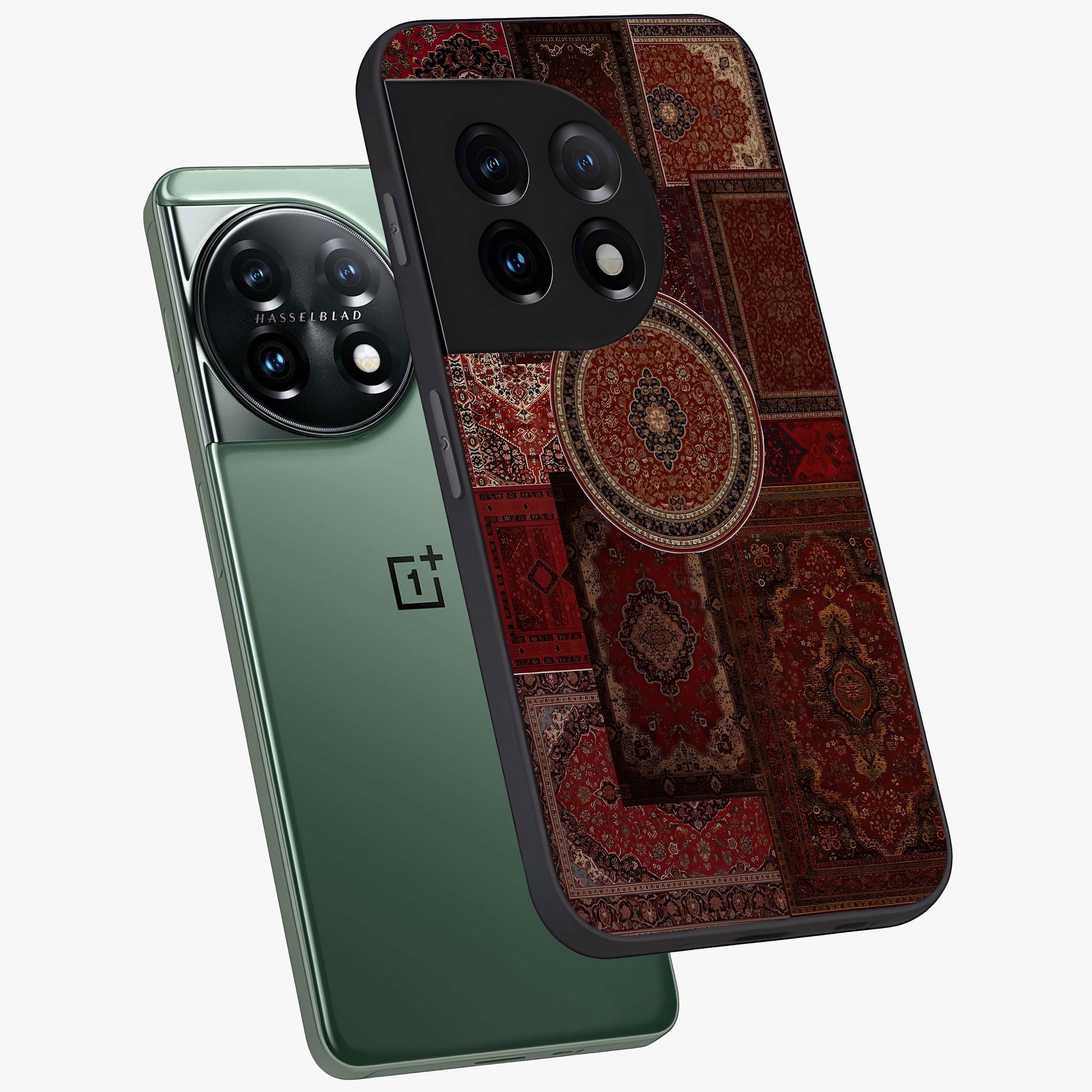 Persian Heritage Collage Glass Case for 1+11 angled mockup showcasing glossy finish and detailed ornamental patterns