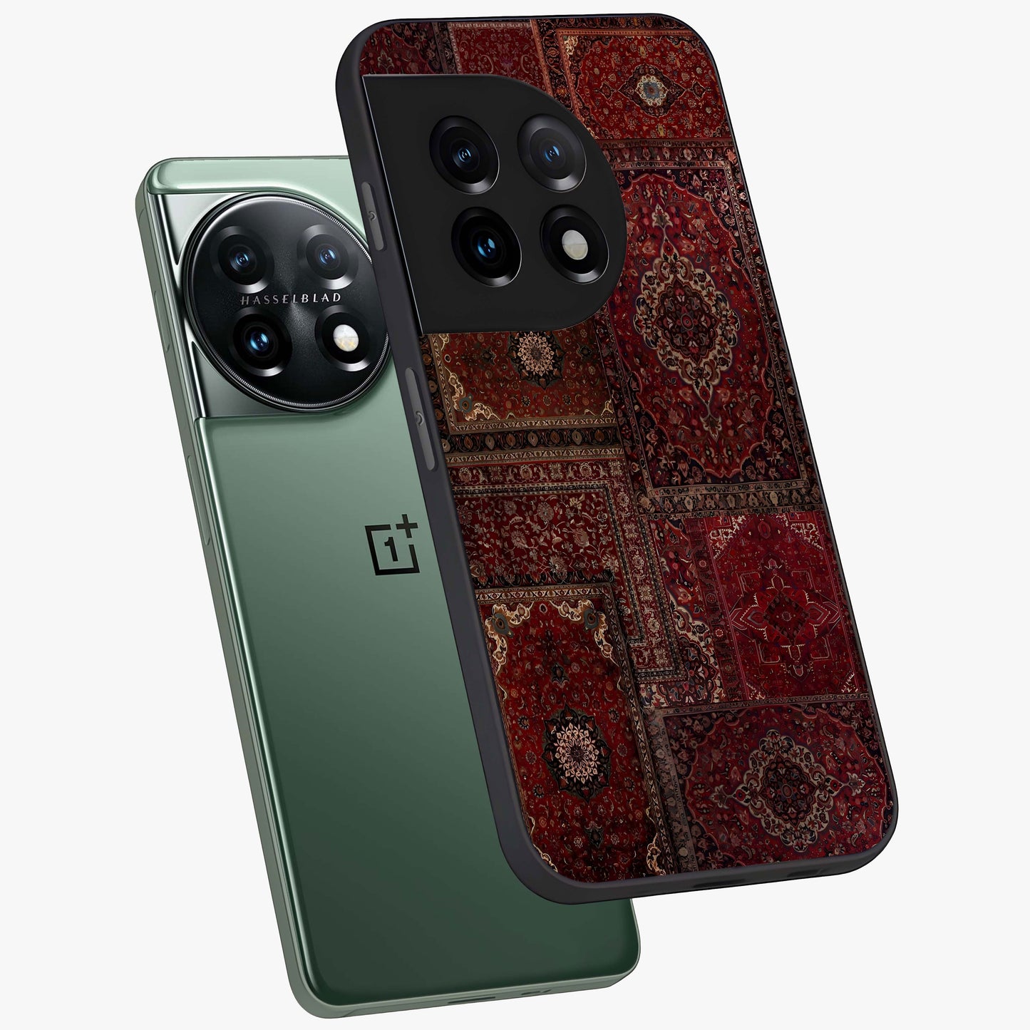 Persian Velvet Tale Glass Case for 1+11 angled mockup showcasing glossy finish and rich deep tones