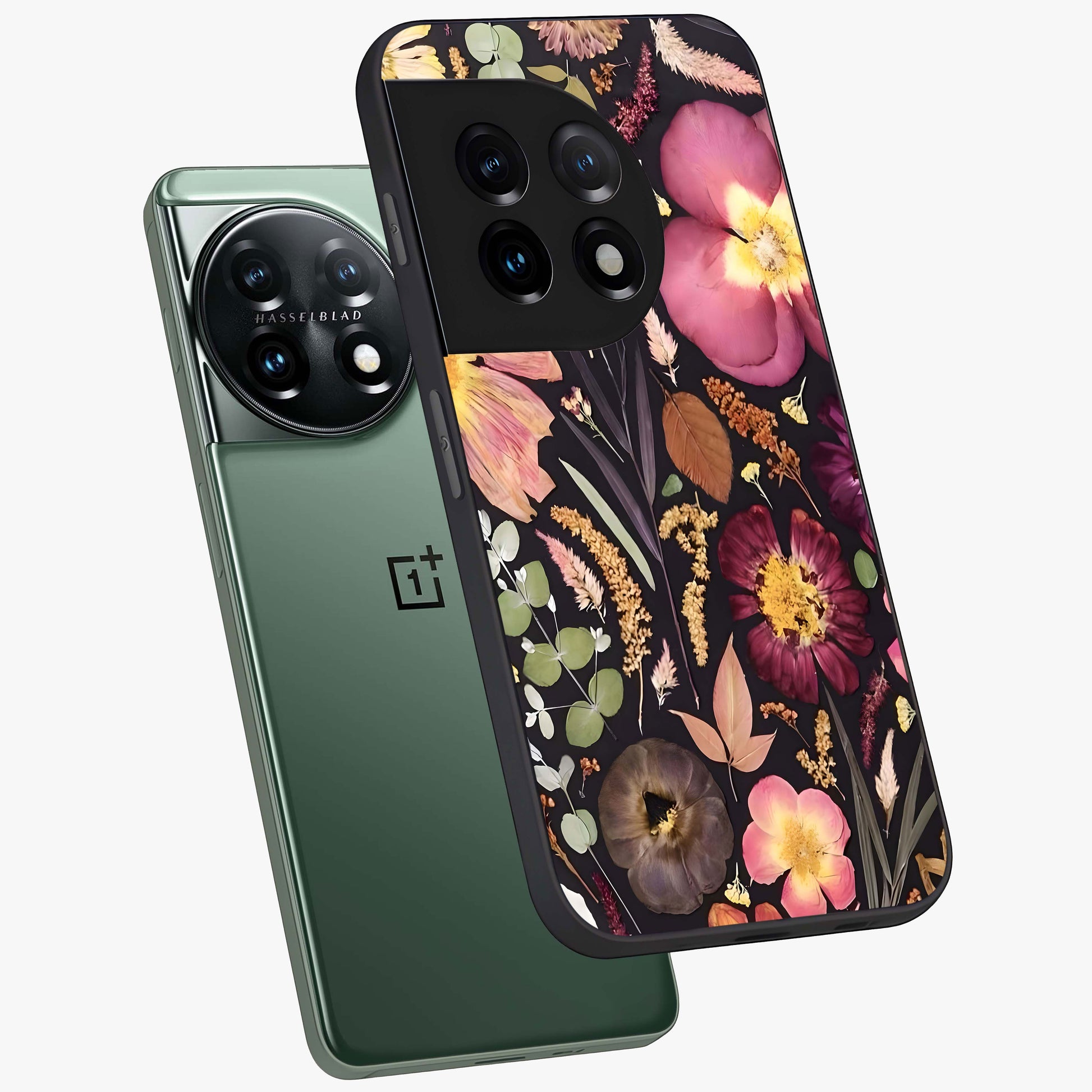 Petal Dream Tapestry Glass Case for 1+11 angled mockup showcasing glossy finish and rich bloom detailing