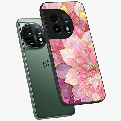 Petal Luxe Bloom Glass Case for 1+11 angled mockup showcasing glossy finish and vibrant bloom accents