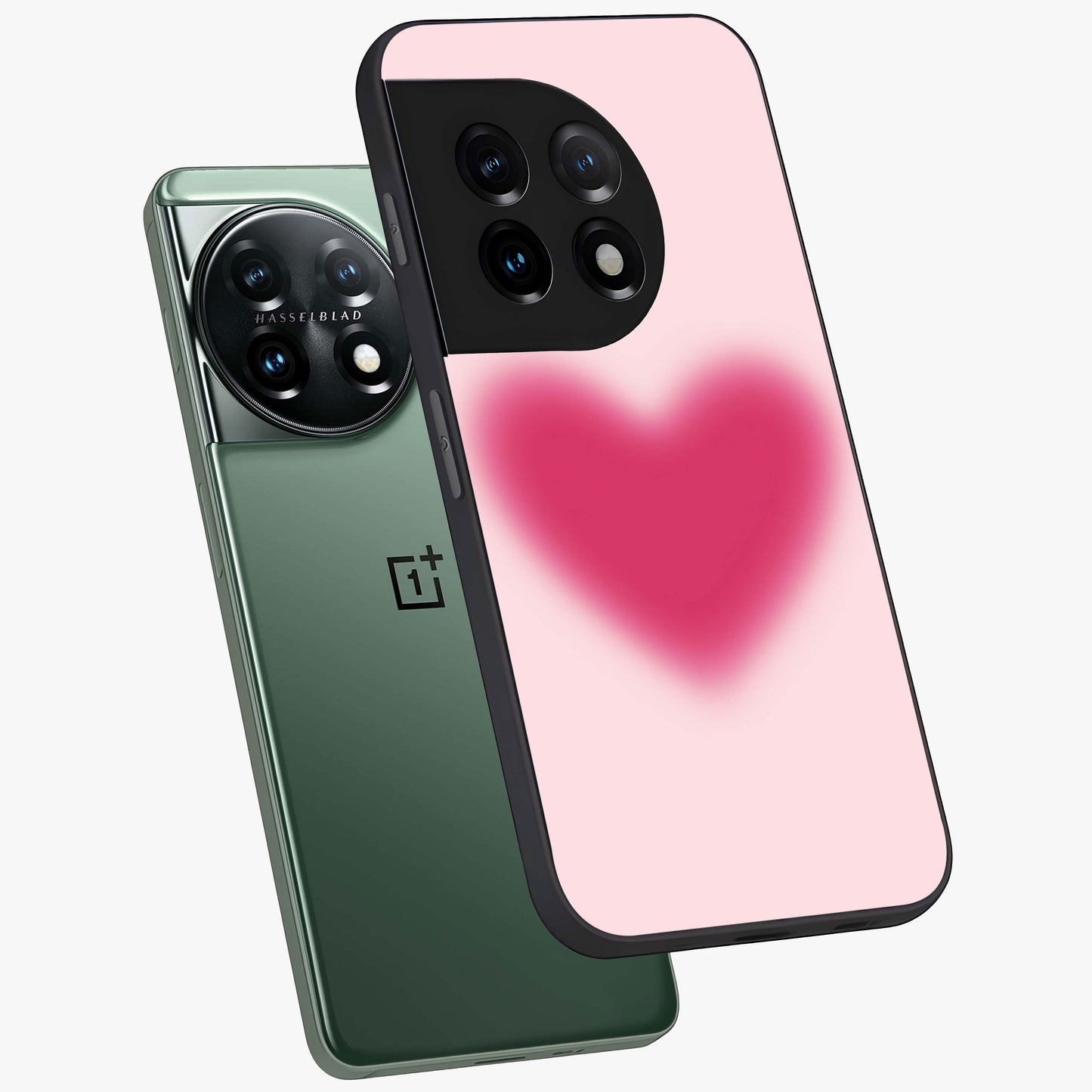 Pink Aura Heart Glass Case for 1+11 angled mockup showcasing glossy glass finish and radiant aura detailing