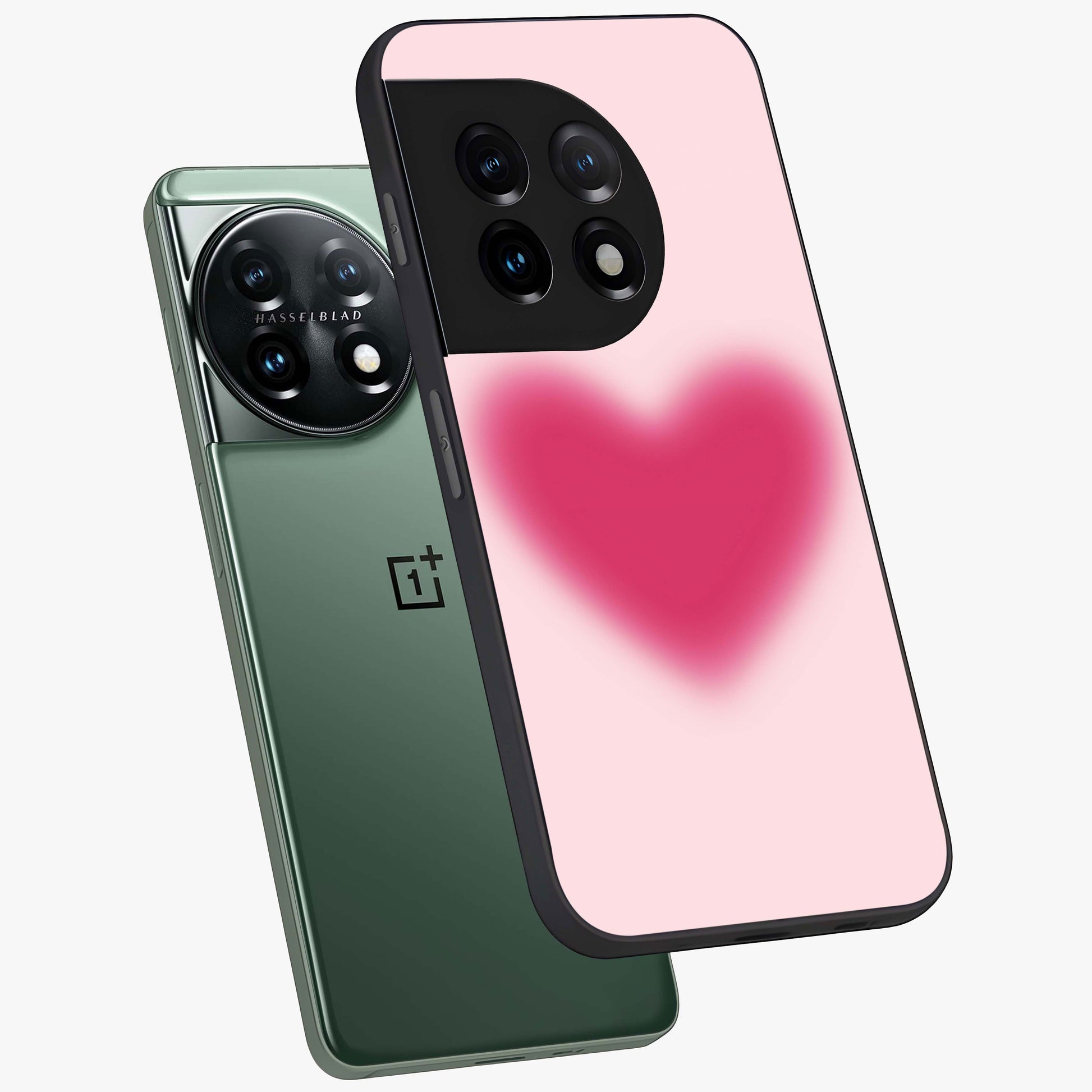 Pink Aura Heart Glass Case for 1+11 angled mockup showcasing glossy glass finish and radiant aura detailing