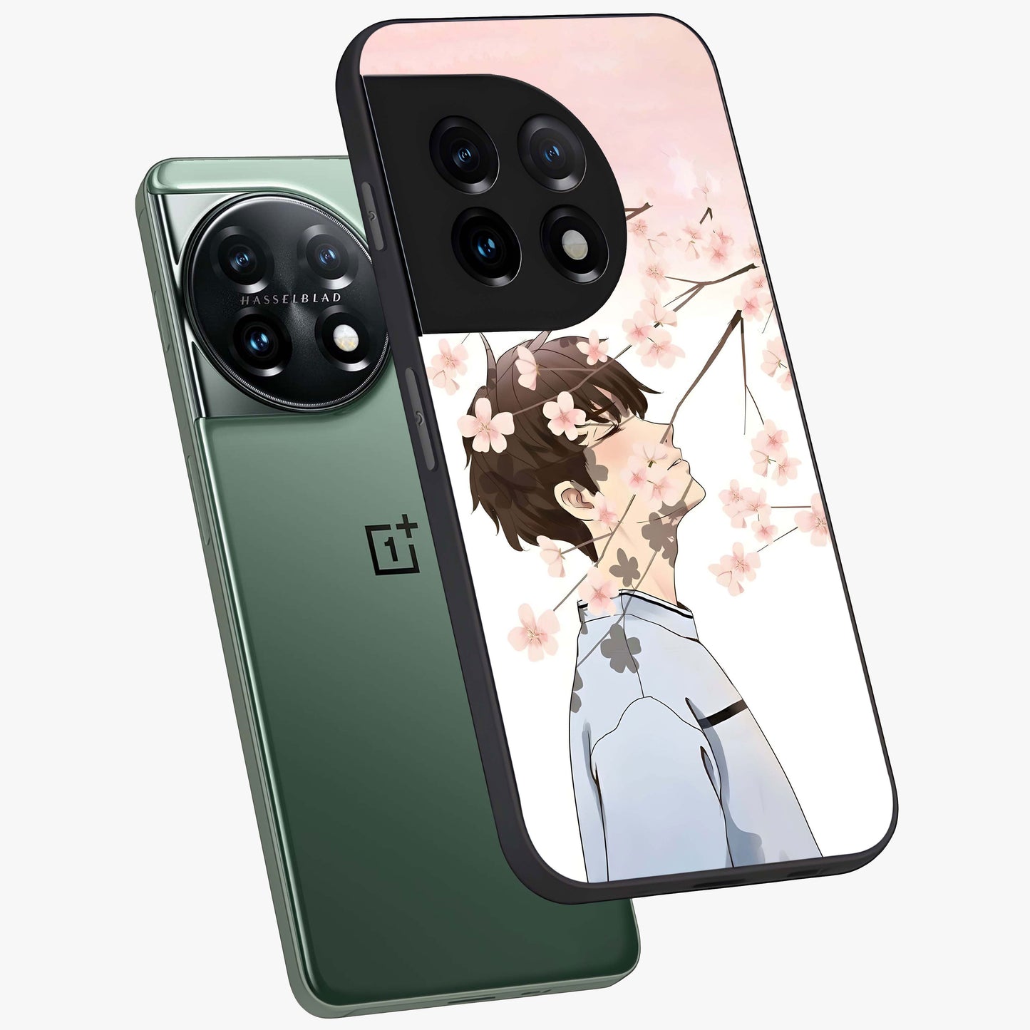 Pink Blossom Boy Glass Case for 1+11 angled mockup showcasing glossy finish and soft bloom tones