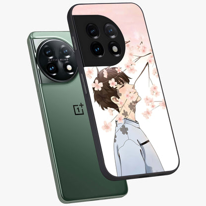 Pink Blossom Boy Glass Case for 1+11 angled mockup showcasing glossy finish and soft bloom tones