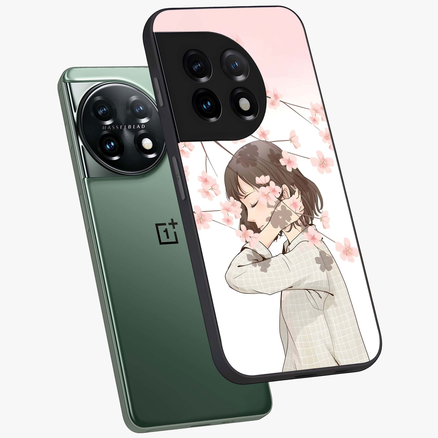 Pink Blossom Girl Glass Case for 1+11 angled mockup showcasing glossy finish and pastel floral detailing