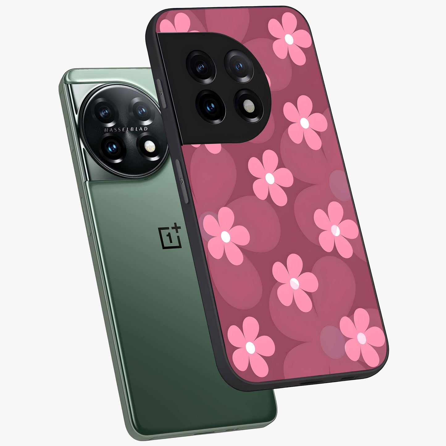 Pink Daisy Flower Pattern Glass Case for 1+11 angled mockup showcasing glossy finish and playful bloom detailing