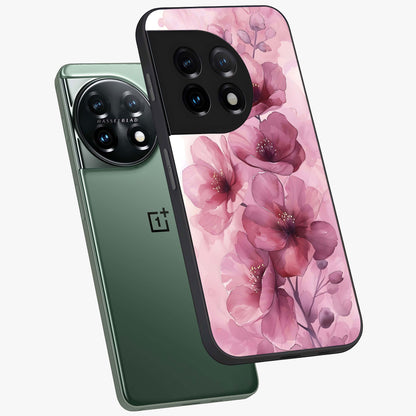 Pink Floral Glass Case for 1+11 angled mockup showcasing glossy finish and delicate bloom detailing