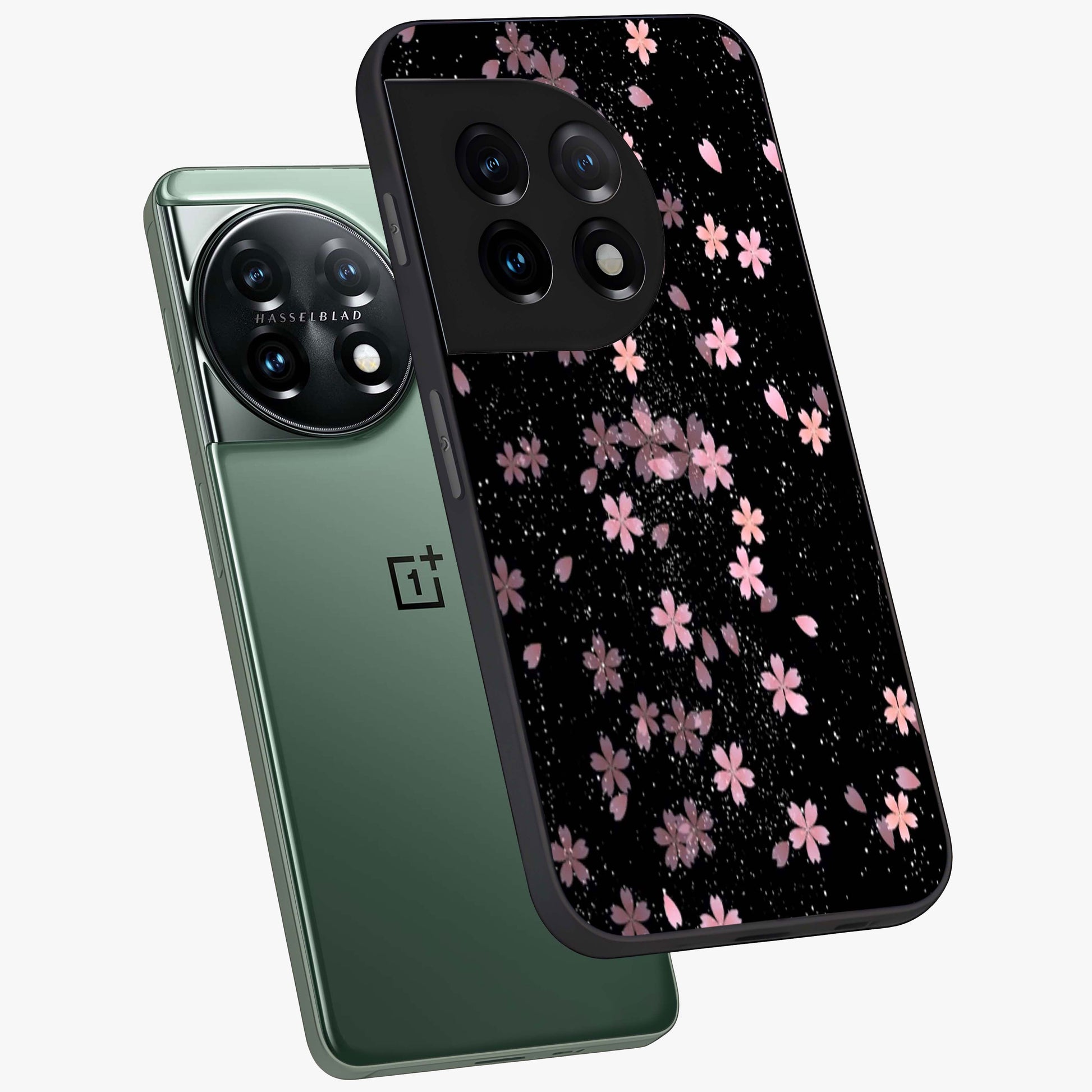 Pink Flower Black Background Glass Case for 1+11 angled mockup showcasing glossy finish and bold contrast tones
