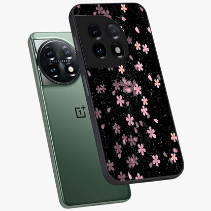 Pink Flower Black Background Glass Case for 1+11 angled mockup showcasing glossy finish and bold contrast tones