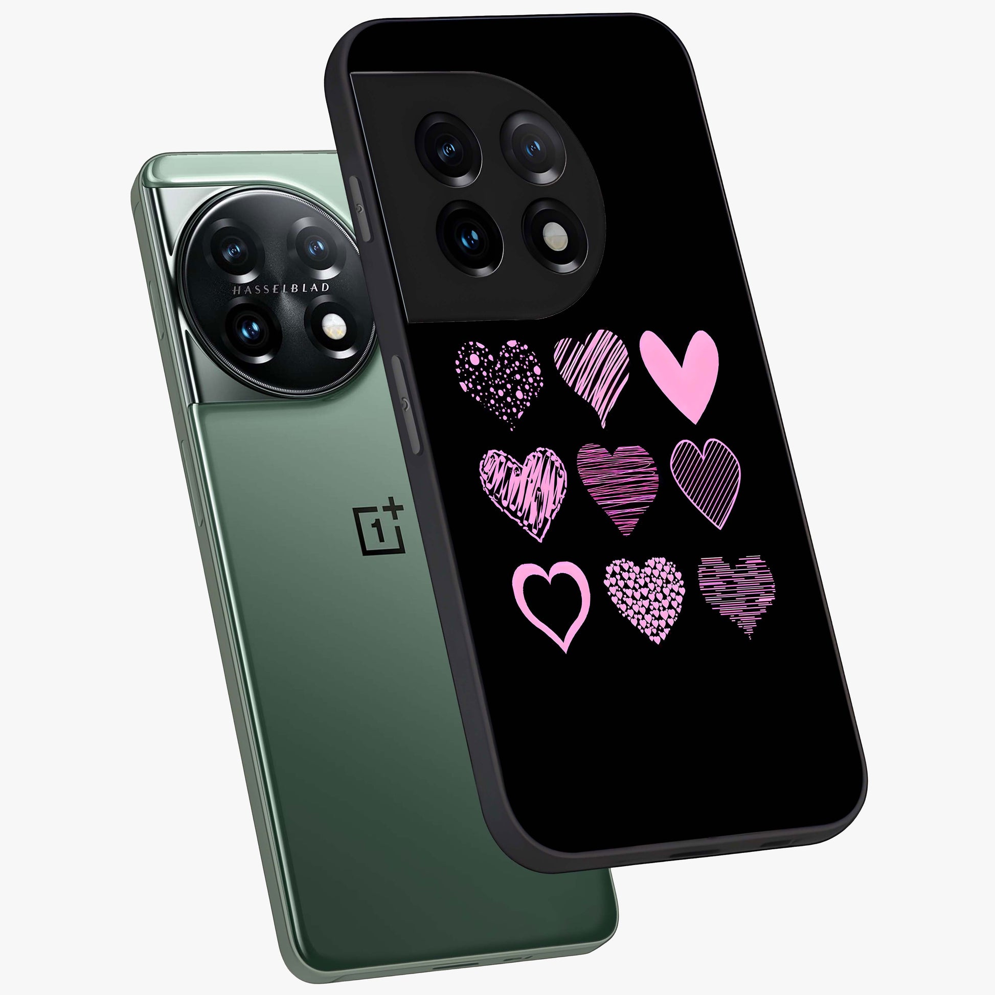 Pink Heart Aesthetic Glass Case for 1+11 angled mockup showcasing glossy finish and pastel romantic detailing