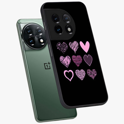 Pink Heart Aesthetic Glass Case for 1+11 angled mockup showcasing glossy finish and pastel romantic detailing
