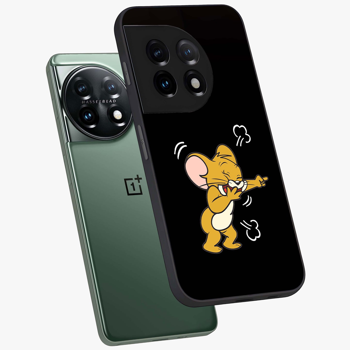 Playful Jerry Vibes Glass Case for 1+11 angled mockup showcasing glossy finish and vibrant character detailing