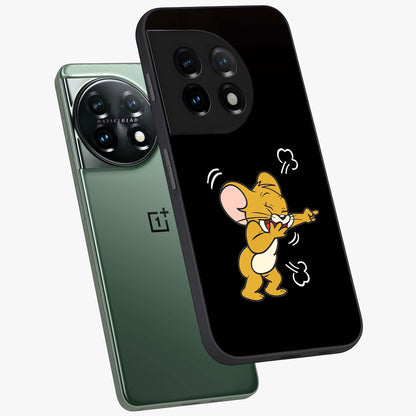 Playful Jerry Vibes Glass Case for 1+11 angled mockup showcasing glossy finish and vibrant character detailing