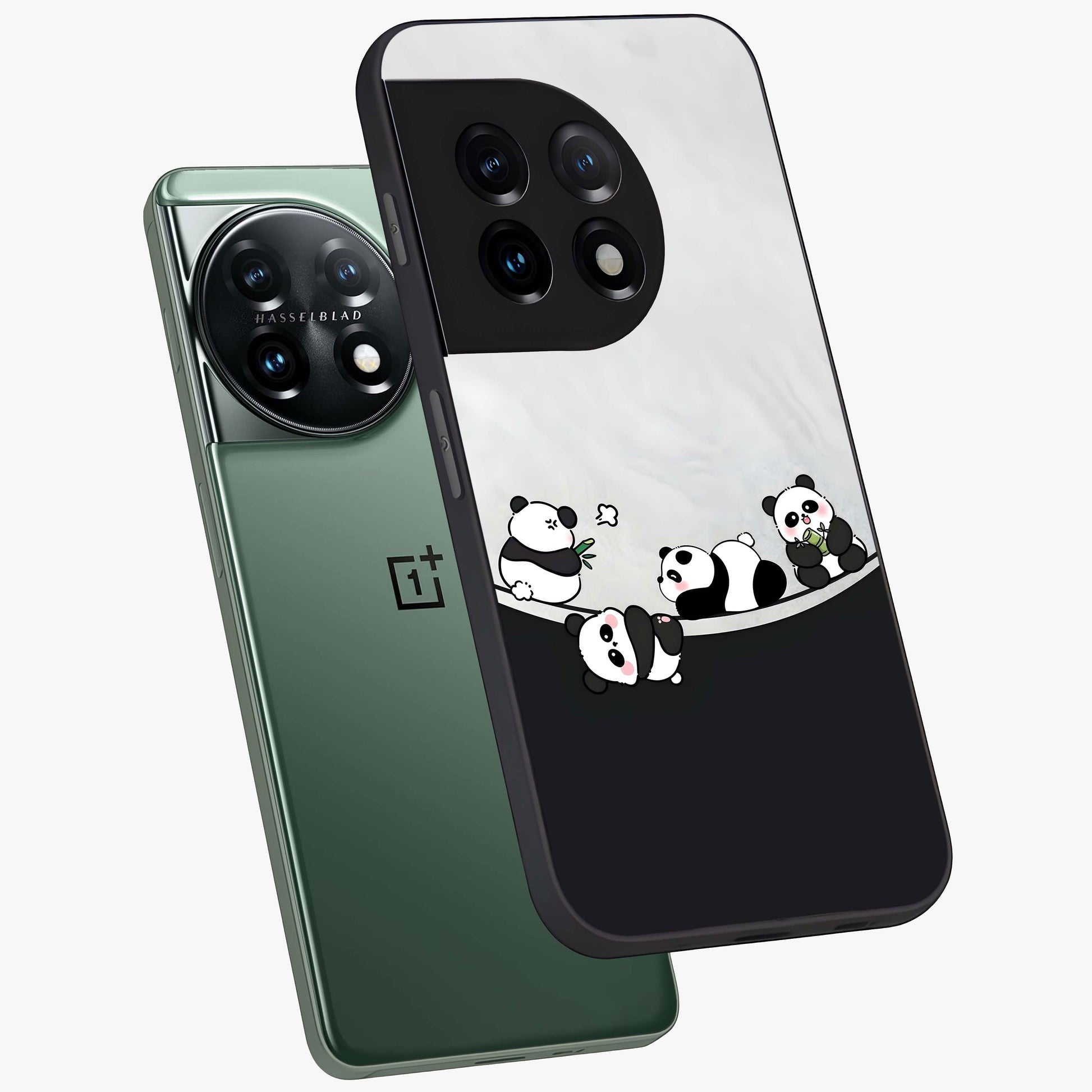 Playful Panda Parade Glass Case for 1+11 angled mockup showcasing glossy finish and soft pastel tones