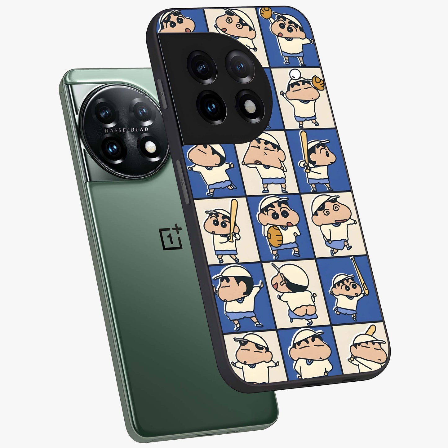 Playful Shin Swing Glass Case for 1+11 angled mockup showcasing glossy finish and vibrant cartoon detailing