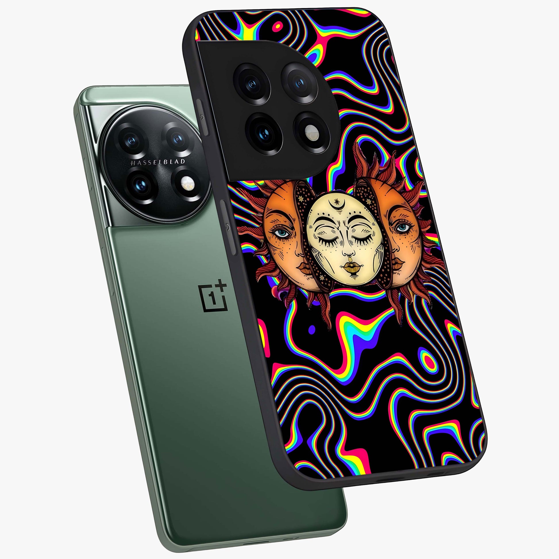 Psychedelic Sun Glass Case for 1+11 angled mockup showcasing glossy finish and bold abstract detailing