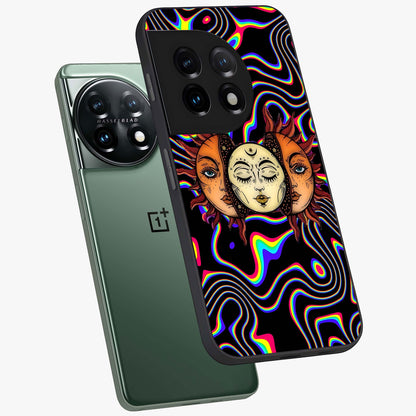 Psychedelic Sun Glass Case for 1+11 angled mockup showcasing glossy finish and bold abstract detailing