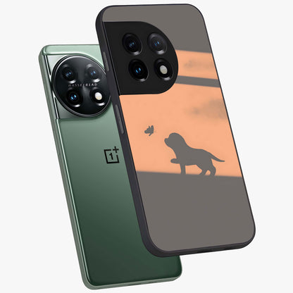 Puppy Shadow Art Glass Case for 1+11 angled mockup showcasing glossy finish and soft shadow detailing