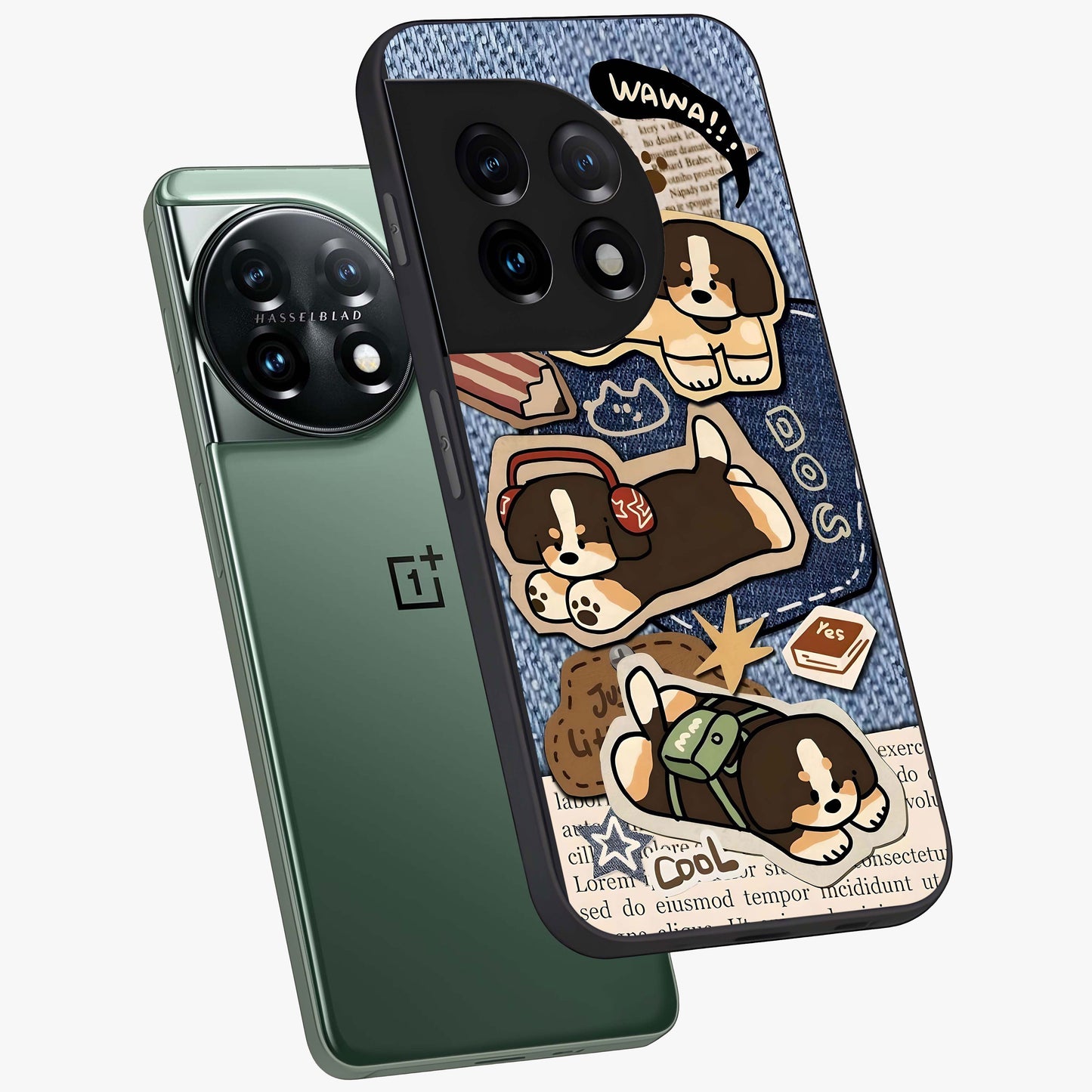 Puppy Sticker Parade Glass Case for 1+11 angled mockup showcasing glossy finish and colorful cartoon detailing