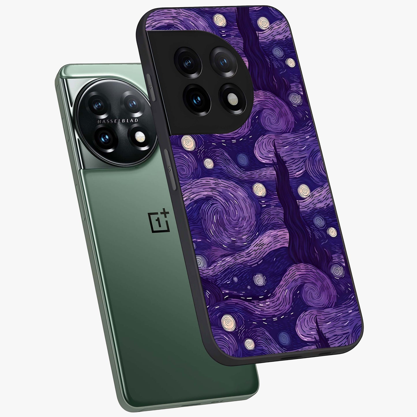 Purple Swirls Glass Case for 1+11 angled mockup showcasing glossy finish and smooth gradient detailing