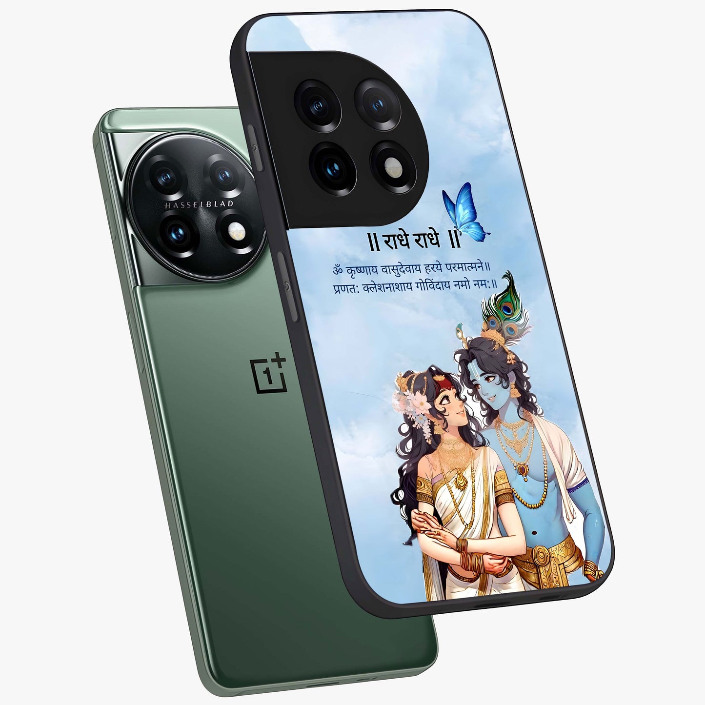 Radha Krishna Eternal Glass Case for 1+11 angled mockup showcasing glossy finish and rich cultural tones