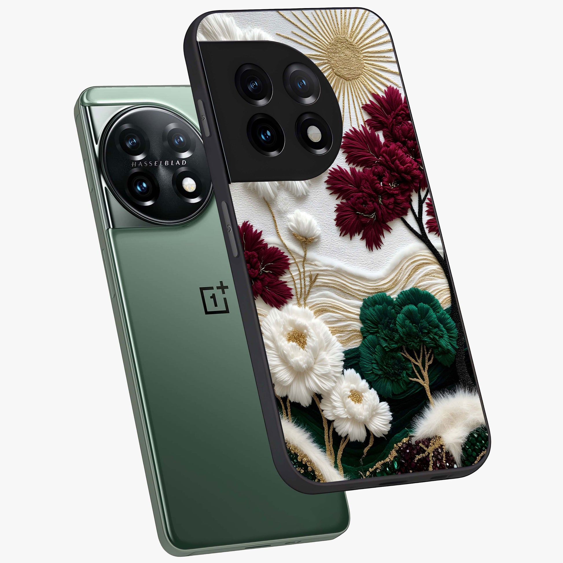 Radiant Bloom Elegance Glass Case for 1+11 angled mockup showcasing glossy finish and refined bloom detailing