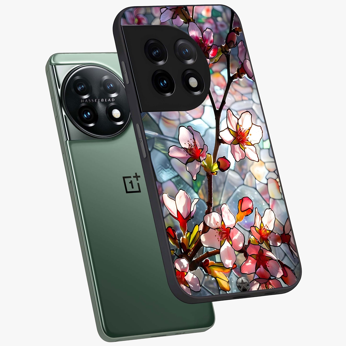 Radiant Bloom Glow Glass Case for 1+11 angled mockup showcasing glossy finish and luminous detailing