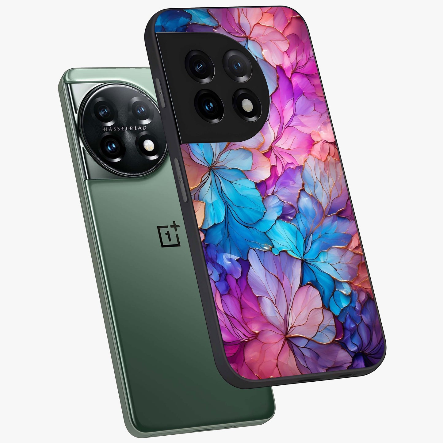 Radiant Floral Whirl Glass Case for 1+11 angled mockup showcasing glossy finish and dynamic bloom tones