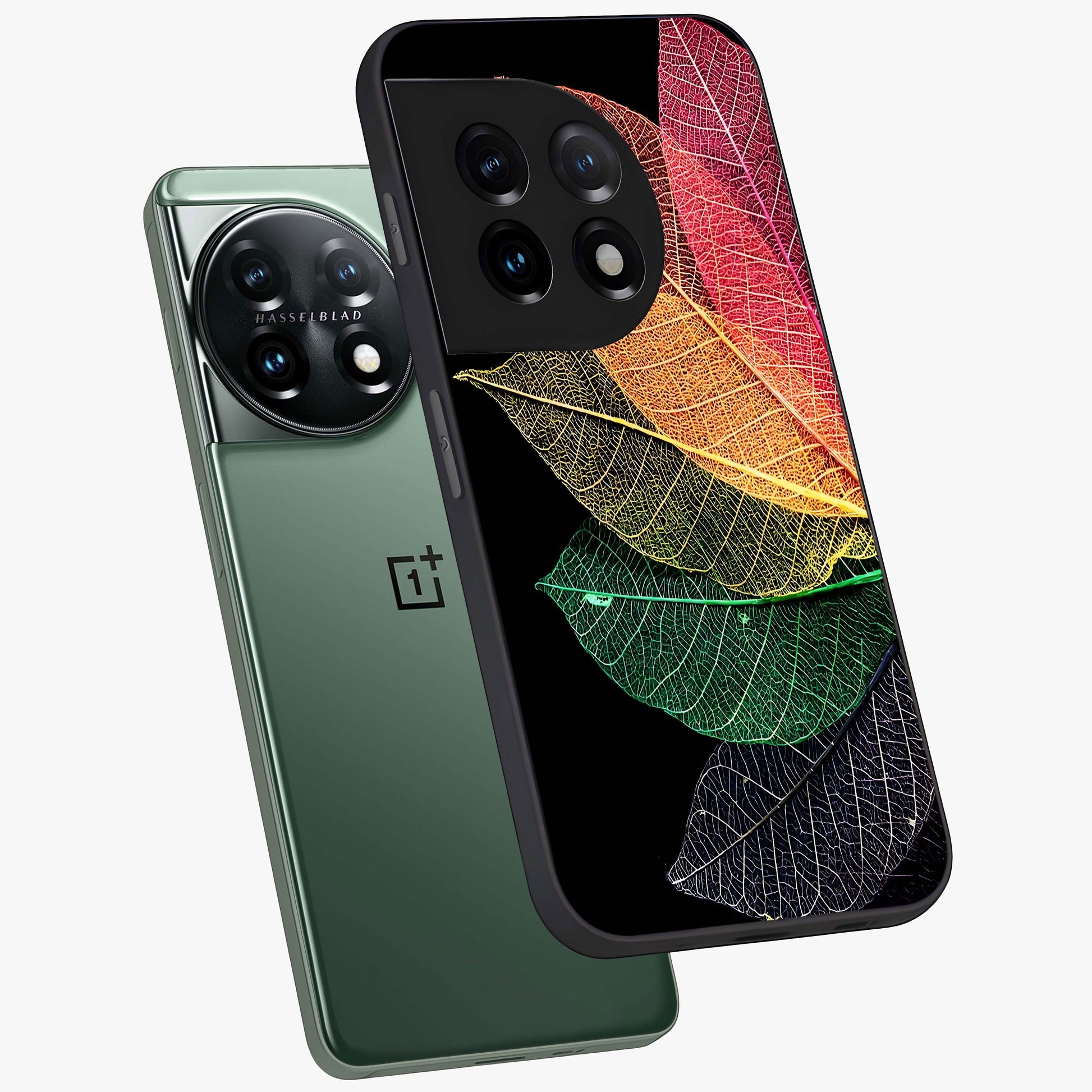 Rainbow Leaf Glow Glass Case for 1+11 angled mockup showcasing glossy finish and radiant gradient tones