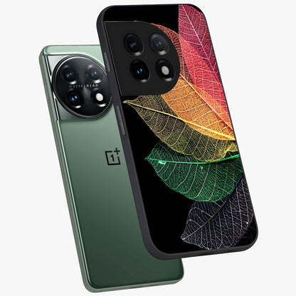 Rainbow Leaf Glow Glass Case for 1+11 angled mockup showcasing glossy finish and radiant gradient tones