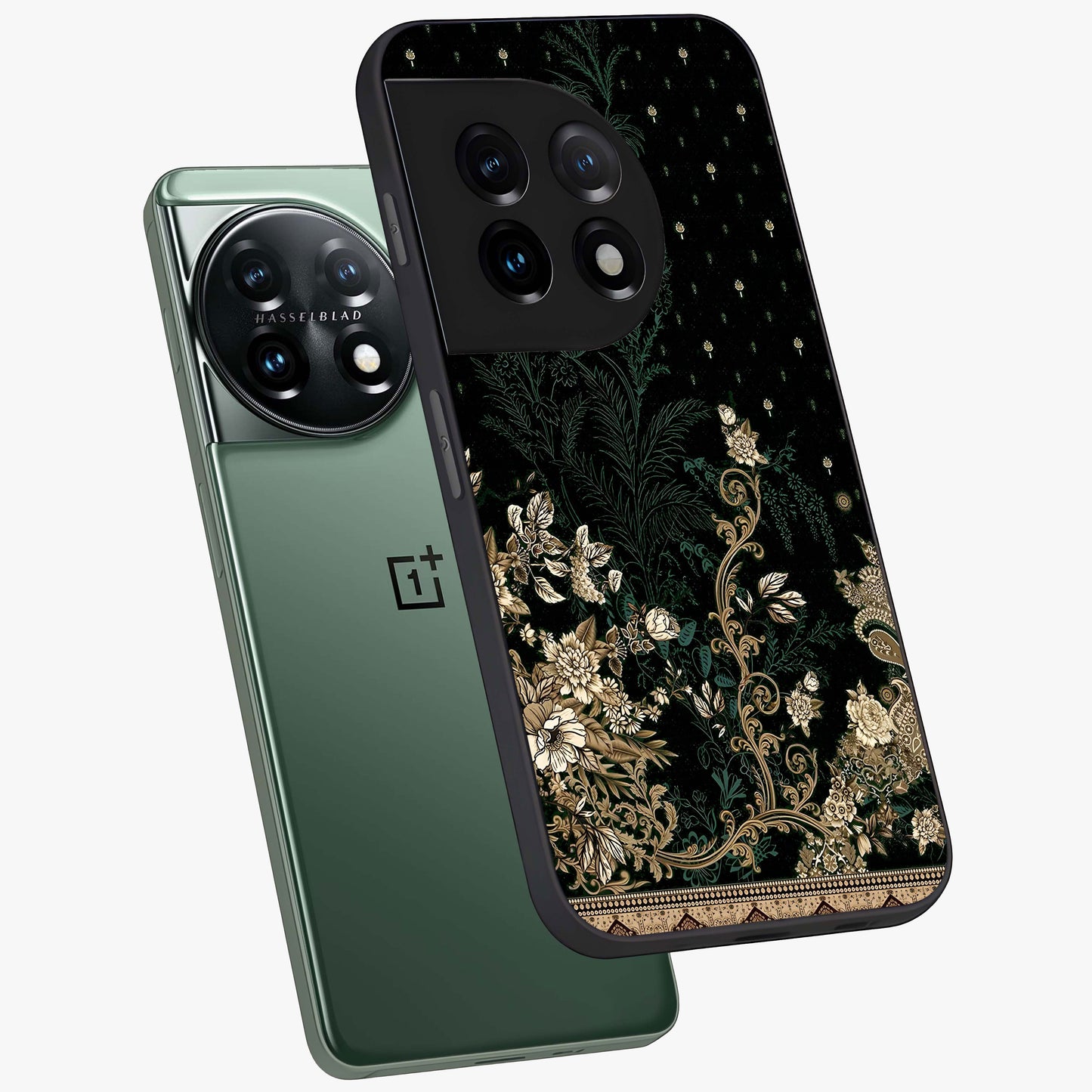 Regal Botanical Tapestry Glass Case for 1+11 angled mockup showcasing glossy finish and rich heritage tones