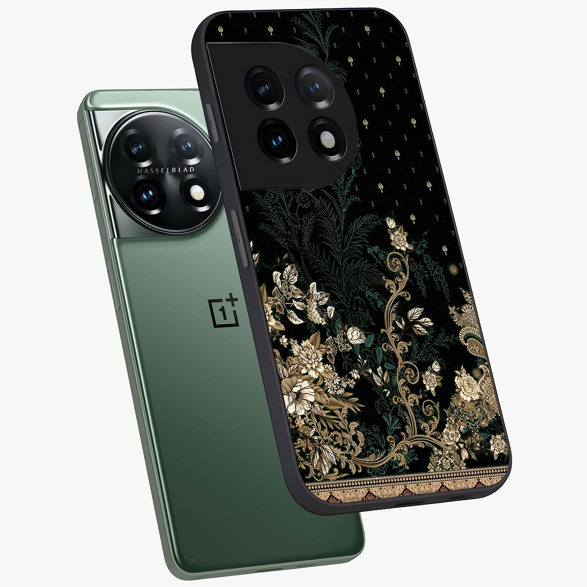 Regal Botanical Tapestry Glass Case for 1+11 angled mockup showcasing glossy finish and rich heritage tones